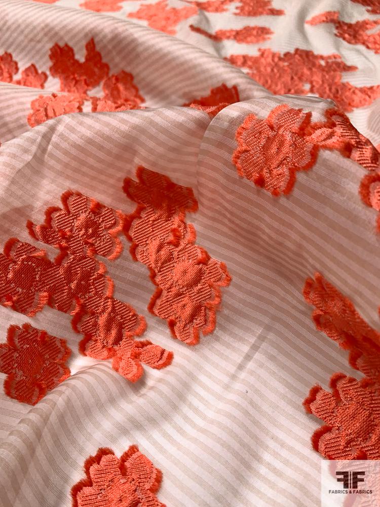 Italian Lela Rose Floral and Striped Fil Coupé Silk & Poly - Deep Coral / Tan / Off-White