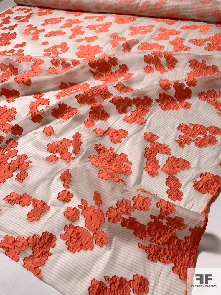 Italian Lela Rose Floral and Striped Fil Coupé Silk & Poly - Deep Coral / Tan / Off-White