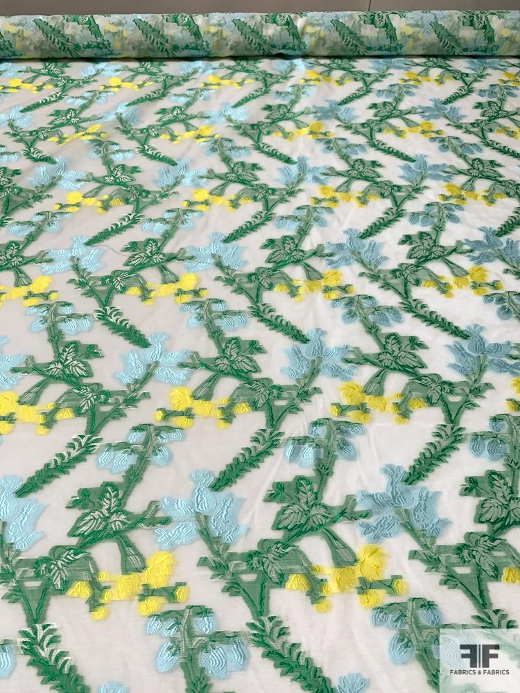Floral Vines Fil Coupé Polyester Organza - Green / Yellow / Light Blue / White