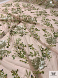 Floral Sequins Embroidered Tulle - Shades of Green / Nude