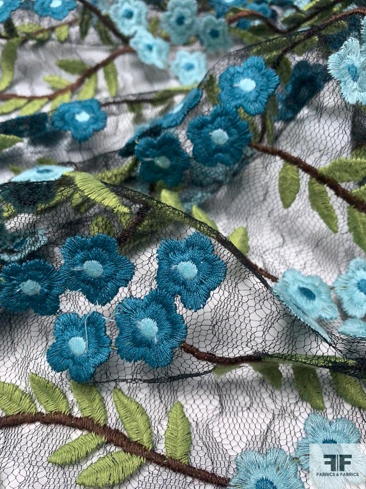 Double Scalloped Floral Embroidered Fine Tulle - Teal / Lime / Aqua / Black | FABRICS & FABRICS Fabrics & Fabrics Double Scalloped Floral Embroidered Fine Tulle - Teal / Lime / Aqua / Black | FABRICS & FABRICS Fabrics & Fabrics