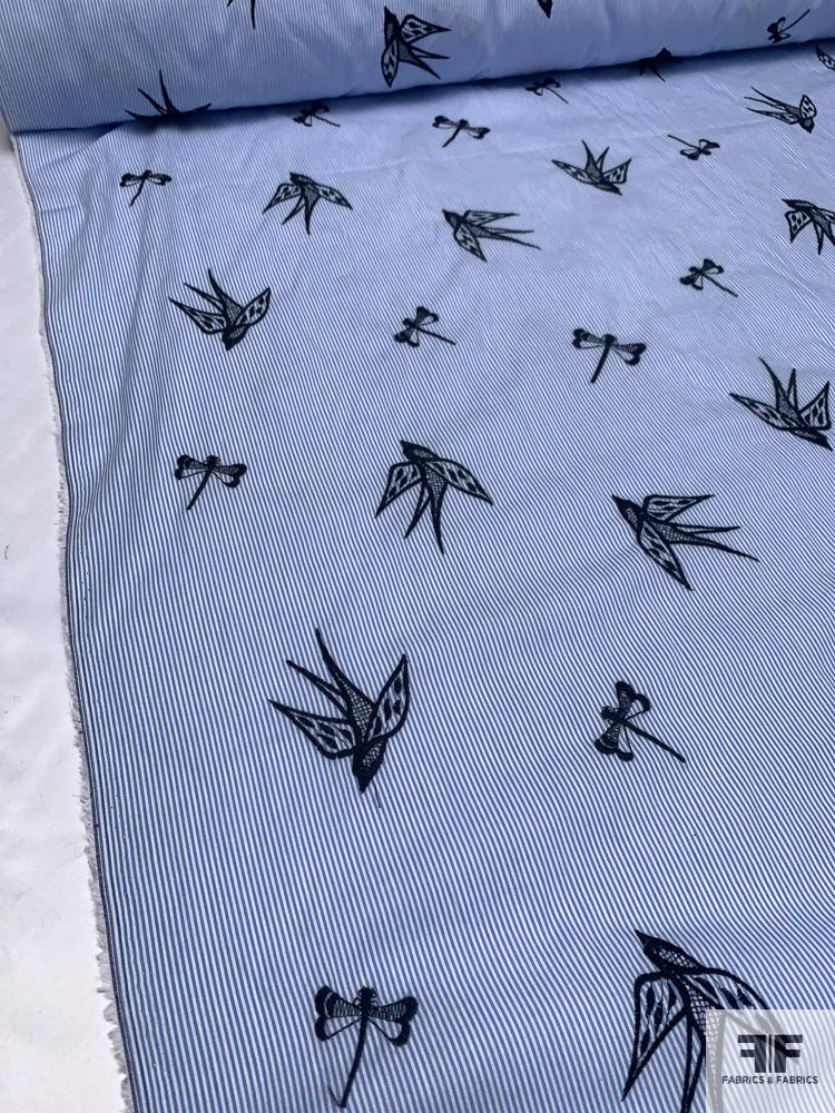 Birds and Dragonflies in Flight Embroidered Striped Cotton Shirting - Blue / White / Black