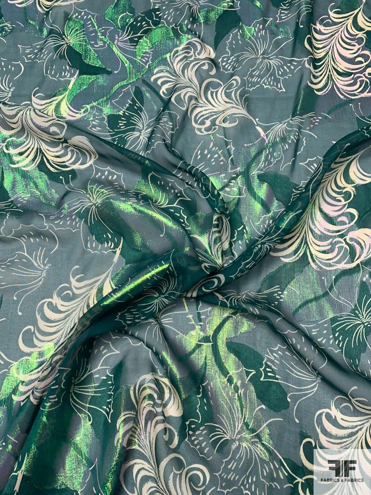 Anna Sui Butterfly and Feather Printed Silk Chiffon with Green Lurex - Forest Green / Cream / Green