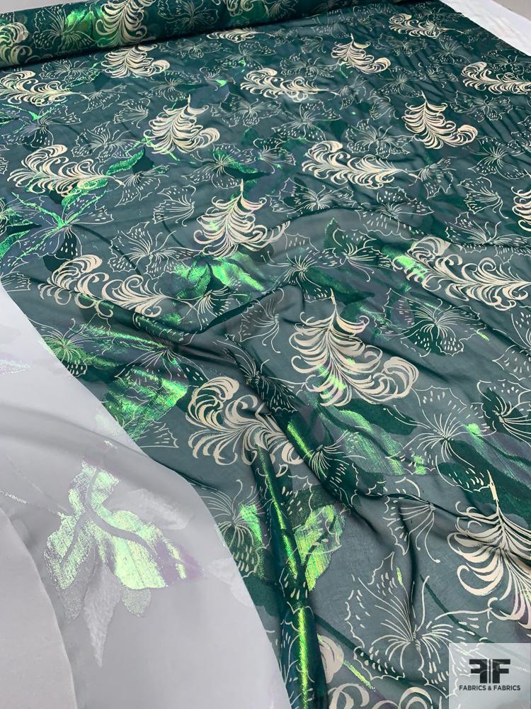 Anna Sui Butterfly and Feather Printed Silk Chiffon with Green Lurex - Forest Green / Cream / Green