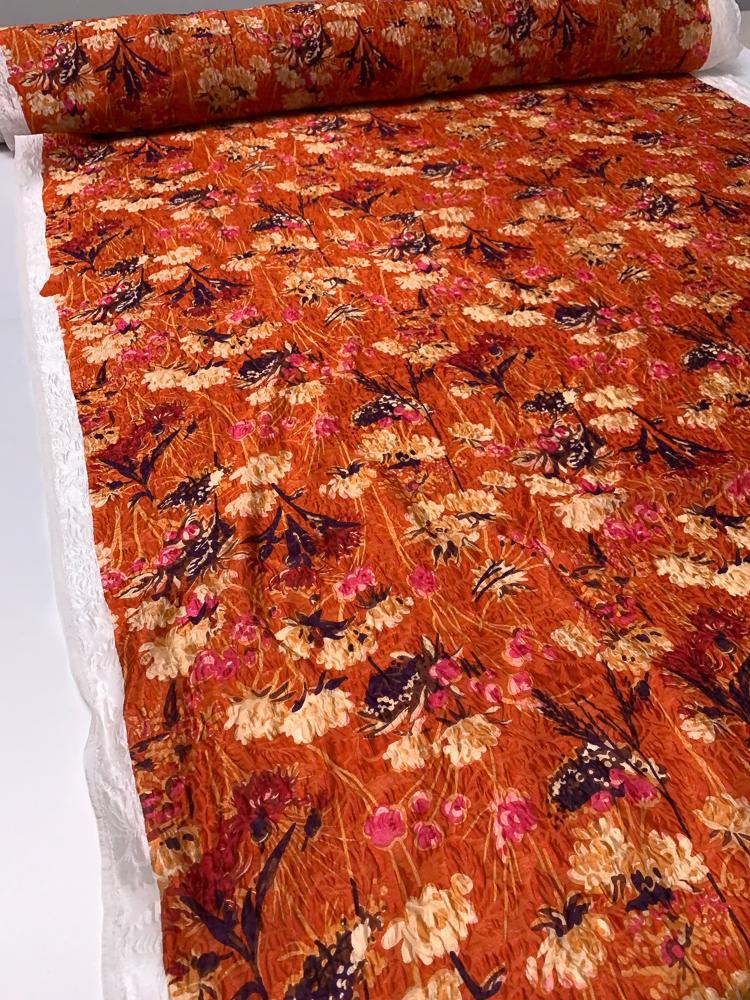 Anna Sui Textured Floral Cloqué Jacquard Silk Nylon Blend Organza - Pumpkin Orange / Plum