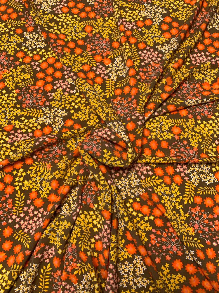 Ditsy Floral Printed Lightweight Stretch Rayon Matte Jersey Knit - Orange / Yellow / Brown