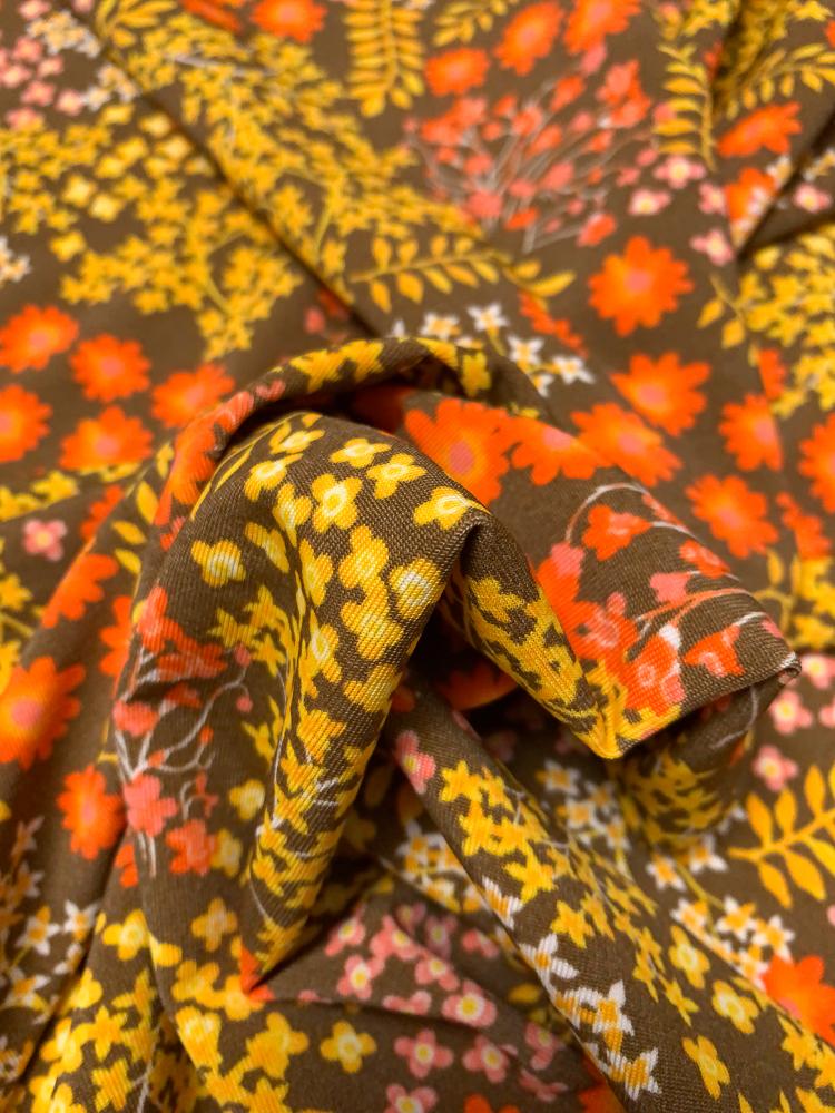 Ditsy Floral Printed Lightweight Stretch Rayon Matte Jersey Knit - Orange / Yellow / Brown