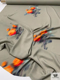 Italian Hazy Floral Bouquets Printed Stretch Viscose Crepe Panel - Taupe / Orange / Navy