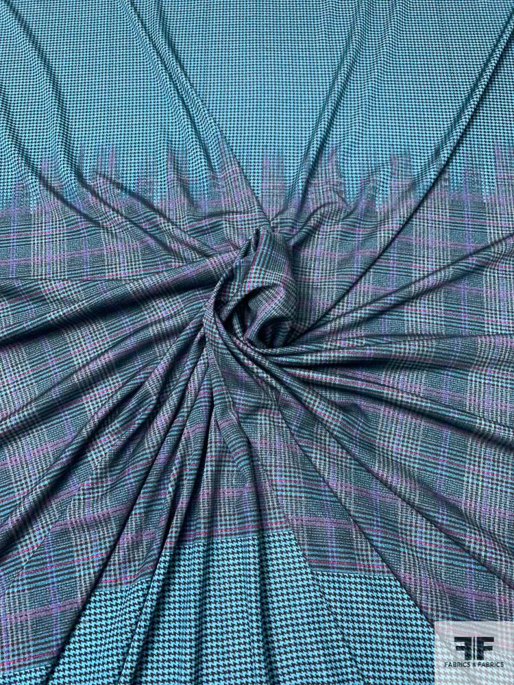 Houndstooth Glen Plaid Printed Silk Jersey Knit Panel - Teal / Turquoise / Magenta / Dark Maroon