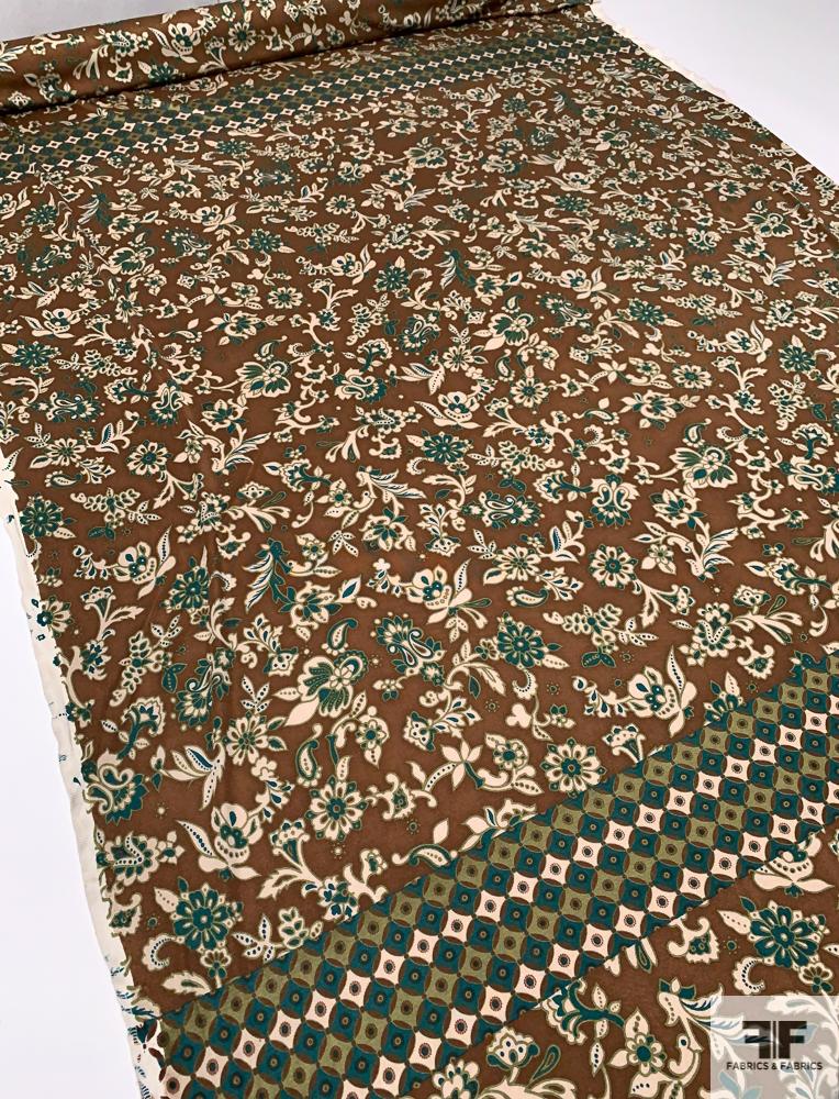 Renaissance Floral Printed Silk Jersey Knit Panel - Brown / Evergreen / Tan