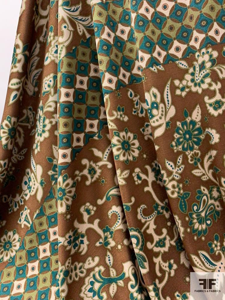 Renaissance Floral Printed Silk Jersey Knit Panel - Brown / Evergreen / Tan