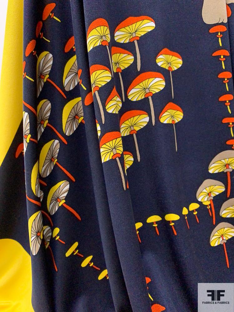 Mushrooms in Frame Printed Silk Jersey Knit Panel - Navy / Orange / Yellow / Taupe