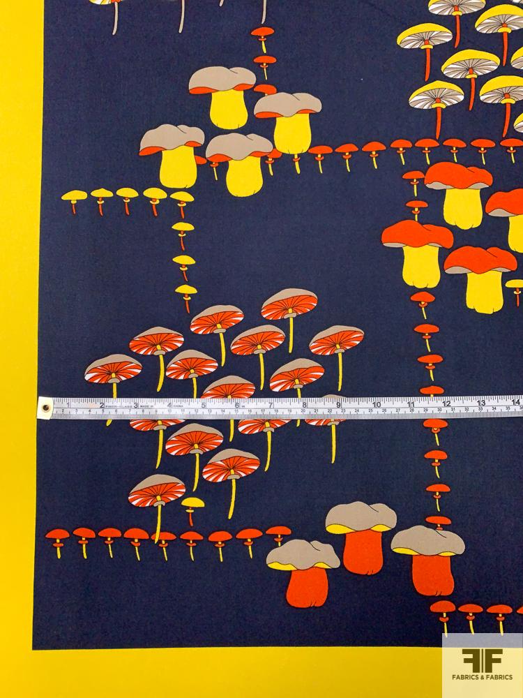 Mushrooms in Frame Printed Silk Jersey Knit Panel - Navy / Orange / Yellow / Taupe