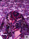 Italian Floral Burnout Panne Velvet with Lurex on Silk Chiffon - Purple / Magenta