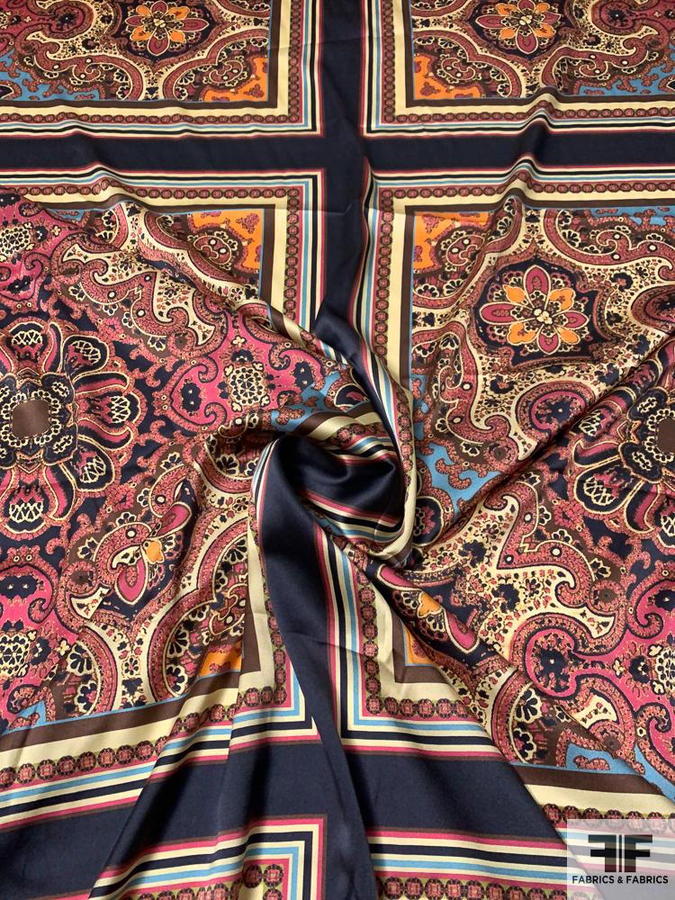 Oriental Design Printed Stretch Silk Charmeuse Panel - Multicolor