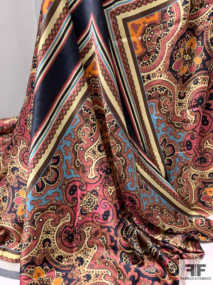 Oriental Design Printed Stretch Silk Charmeuse Panel - Multicolor