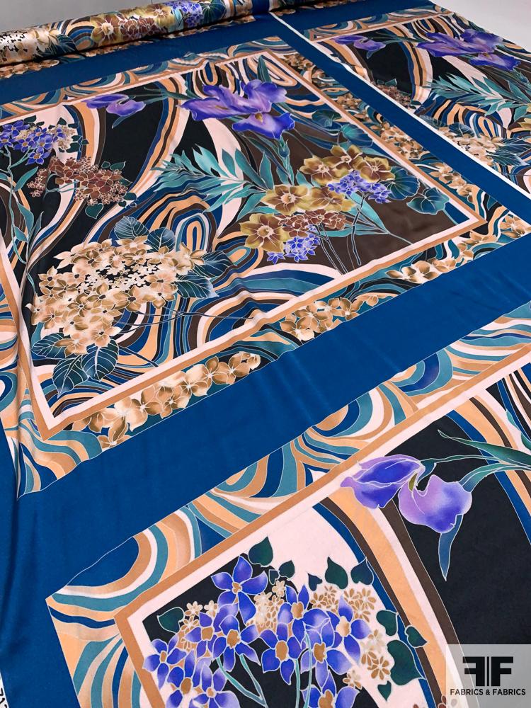 Retro Tropical Printed Stretch Silk Charmeuse Panel - Blue / Multicolor