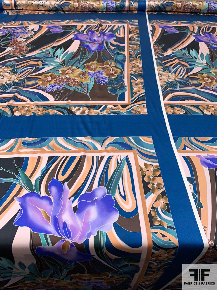Retro Tropical Printed Stretch Silk Charmeuse Panel - Blue / Multicolor