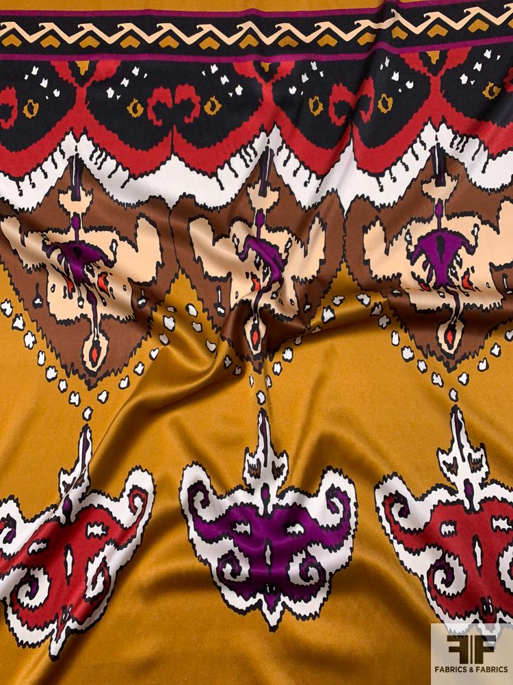 Tribal Pattern Printed Stretch Silk Charmeuse Panel - Turmeric / Red / Purple / Brown