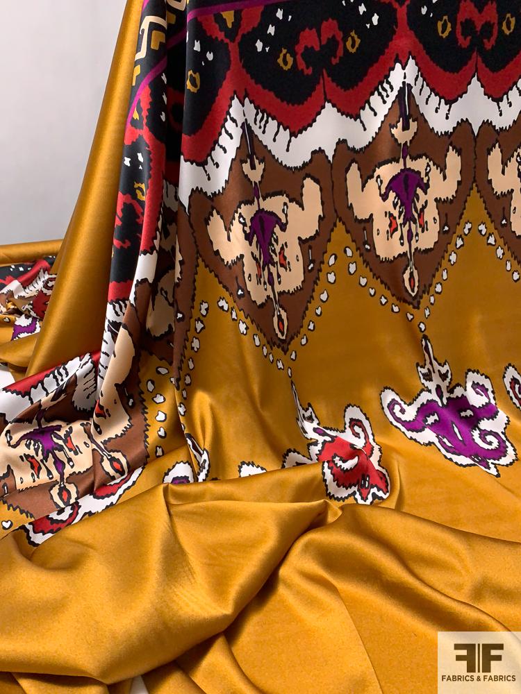 Tribal Pattern Printed Stretch Silk Charmeuse Panel - Turmeric / Red / Purple / Brown