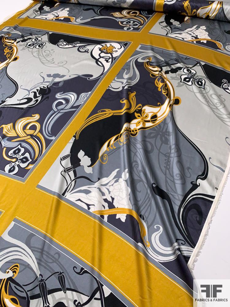 Artistic Abstract Printed Stretch Silk Charmeuse Panel - Mustard-Gold / Grey / Black / White