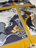 Artistic Abstract Printed Stretch Silk Charmeuse Panel - Mustard-Gold / Grey / Black / White