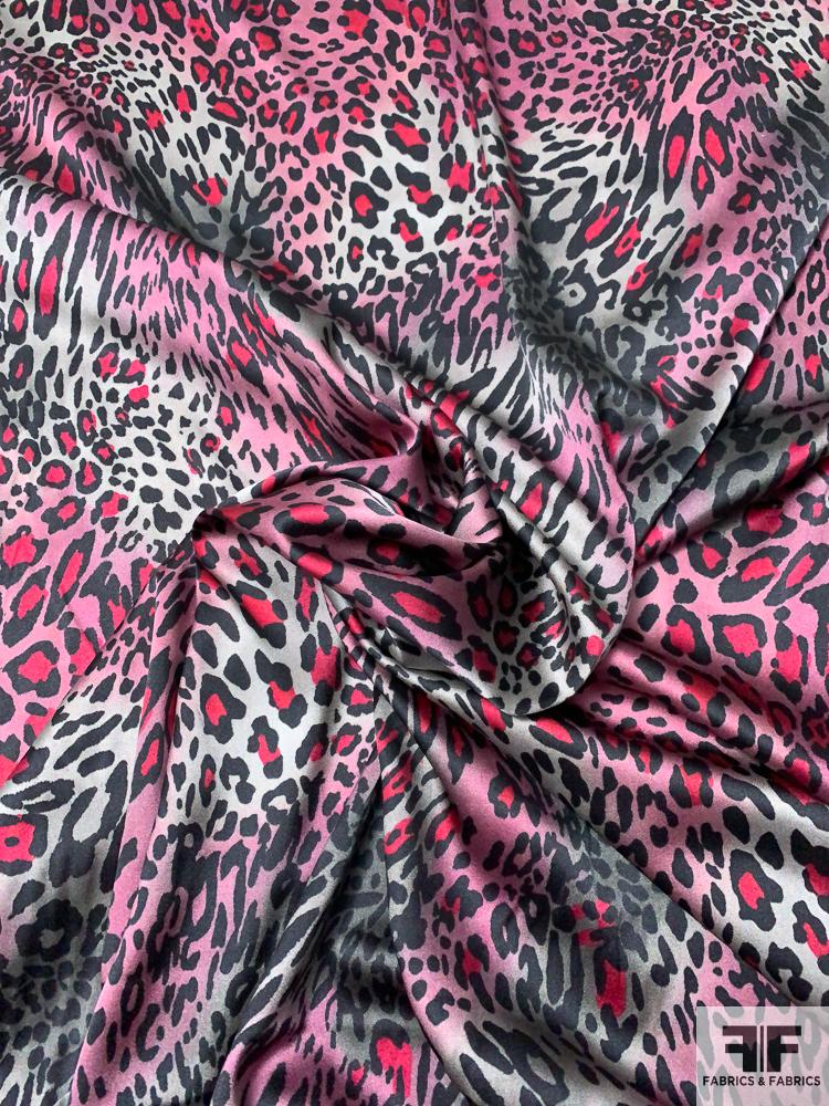 Double-Border Leopard Printed Stretch Silk Charmeuse - Berry / Mauve / Greys / Black