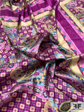 Paisley Scarf Motif Printed Stretch Silk Charmeuse Panel - Magenta / Teal / Beige