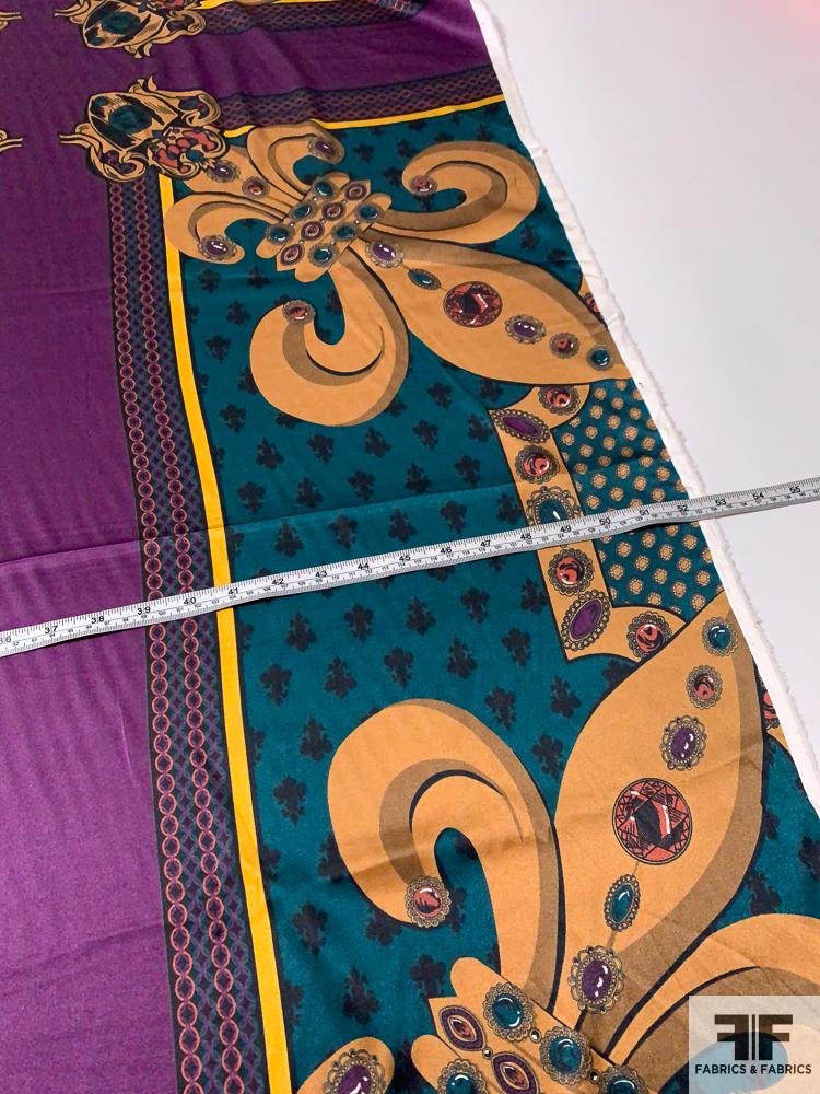 Regal Gems Motif Printed Stretch Silk Charmeuse Panel - Purple / Gold / Teal