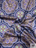 Oriental Medallion Scarf Motif Printed Stretch Silk Charmeuse Panel - Shades of Purple / Teal / Olive