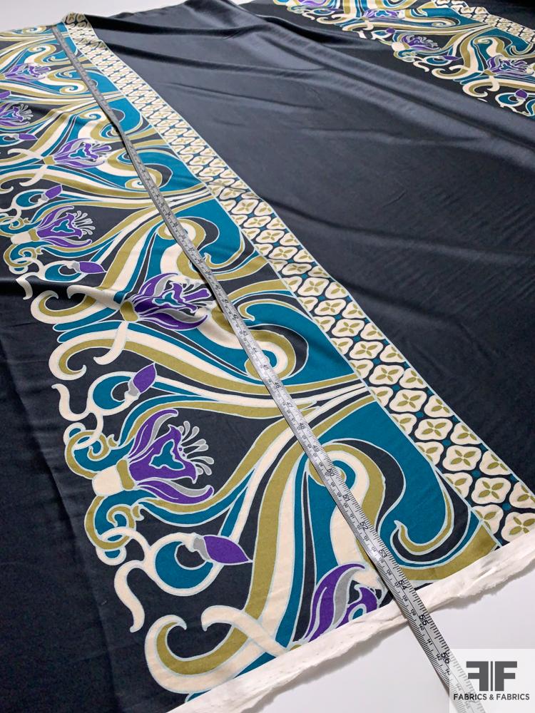 Art Nouveau Printed Stretch Silk Charmeuse Panel - Teal / Olive / Purple Black