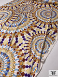 Geometric Spiral Art Motif Printed Stretch Silk Charmeuse - Cinnamon / Gold / Blue / Off-White