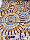 Geometric Spiral Art Motif Printed Stretch Silk Charmeuse - Cinnamon / Gold / Blue / Off-White