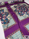 Scarf Motif Printed Stretch Silk Charmeuse Panel - Purple / Teal / Off-White