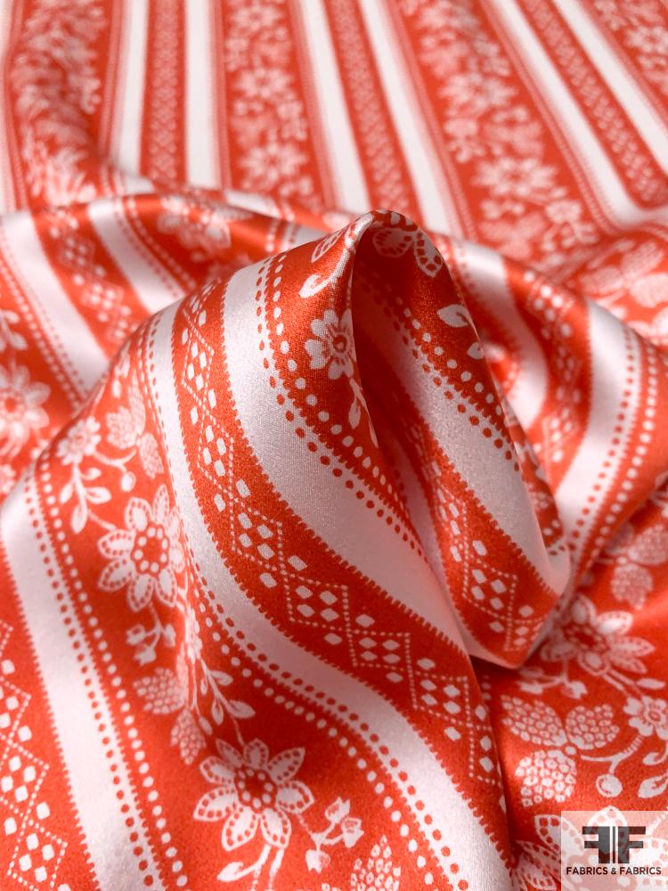 Vertical Striped and Floral Printed Silk Charmeuse - Tomato Red / White