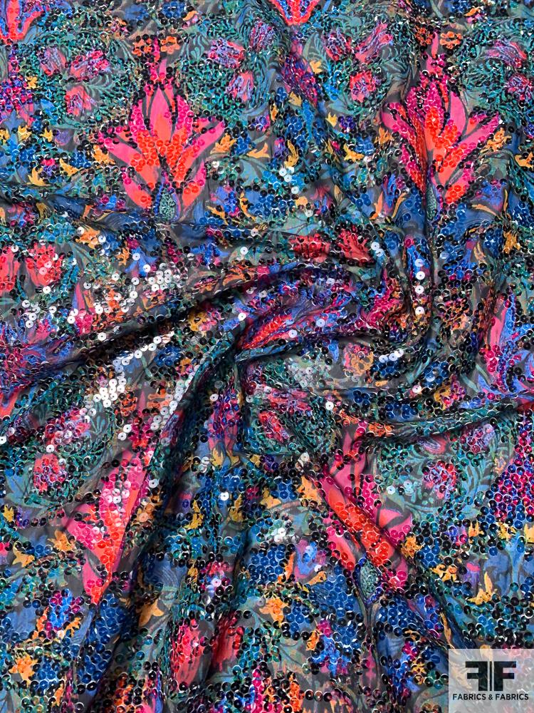 Tropical Floral Printed Chiffon with Printed Sequins - Multicolor