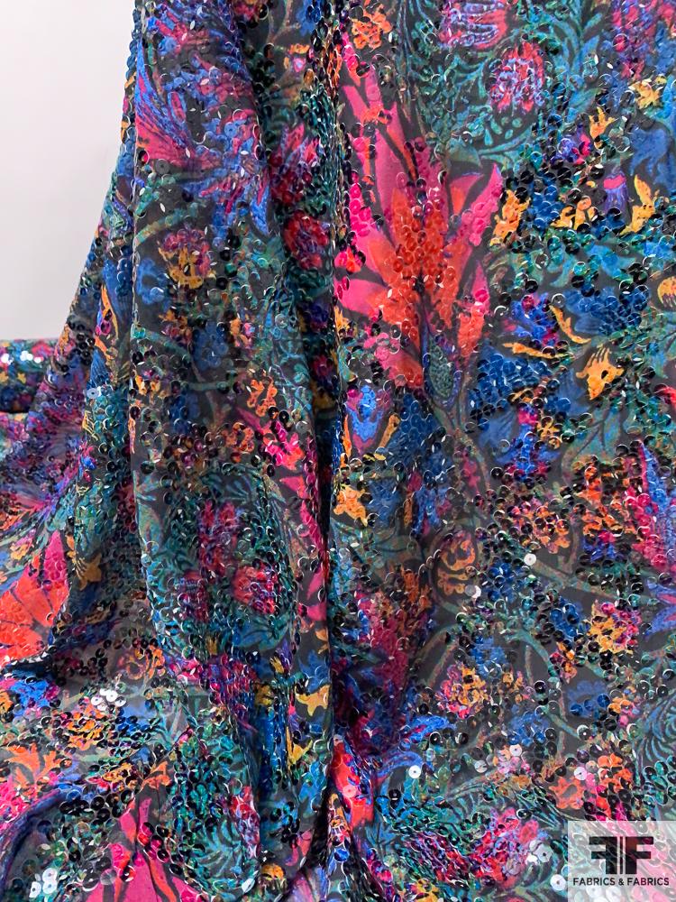 Tropical Floral Printed Chiffon with Printed Sequins - Multicolor