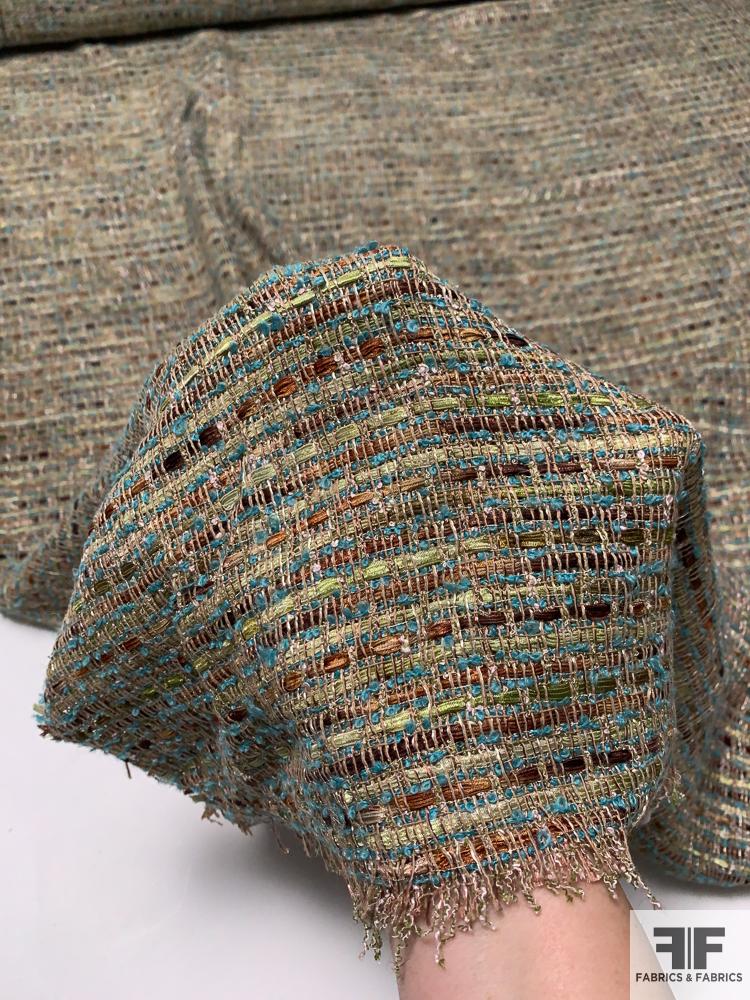Loosely Woven Acrylic Blend Boucle Tweed - Turqouise / Moss Green / Brown
