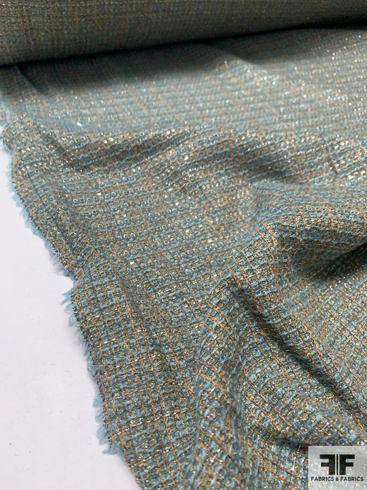 Italian Glam Lightweight Wool Blend Tweed with Lurex - Dusty Teal / Tan / Silver
