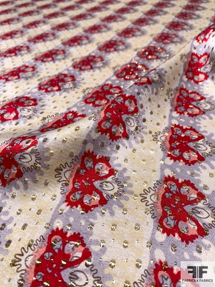 Artsy Linear Design Printed Silk Charmeuse-Lamé with Lurex - Red / Cream / Grey / Gold