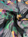 Floral Printed Silk Chiffon with Green Lurex - Black / Green / Magenta / Bold Yellow