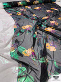 Floral Printed Silk Chiffon with Green Lurex - Black / Green / Magenta / Bold Yellow