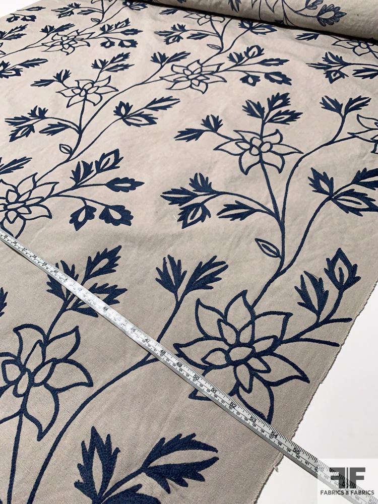 Floral Embroidered Cotton Canvas - Grey / Navy