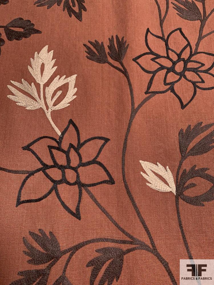 Floral Embroidered Cotton Canvas - Brick / Brown / Navy
