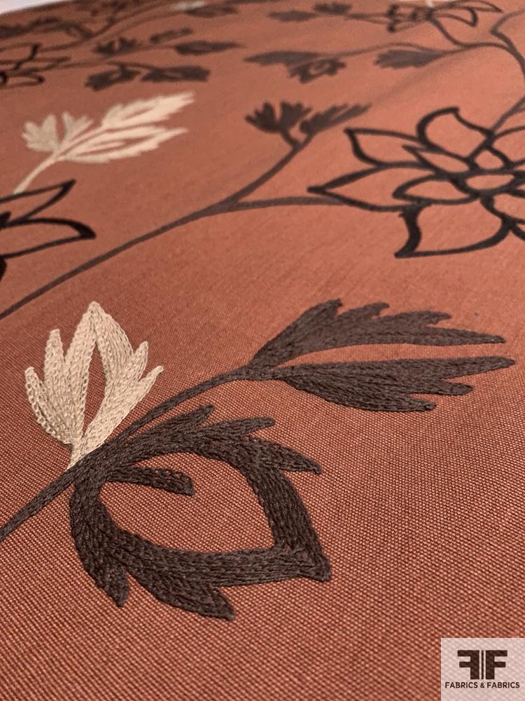 Floral Embroidered Cotton Canvas - Brick / Brown / Navy