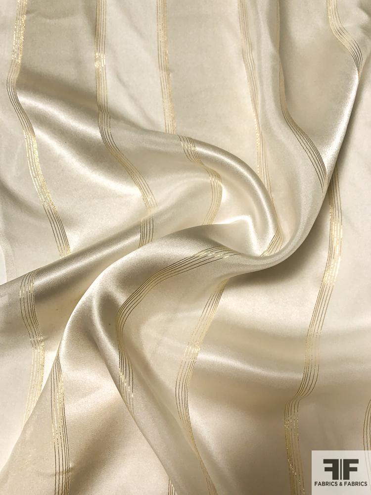 Satin Striped Silk Chiffon with Fine Gold Lurex Stripes - Ivory / Off-White / Gold