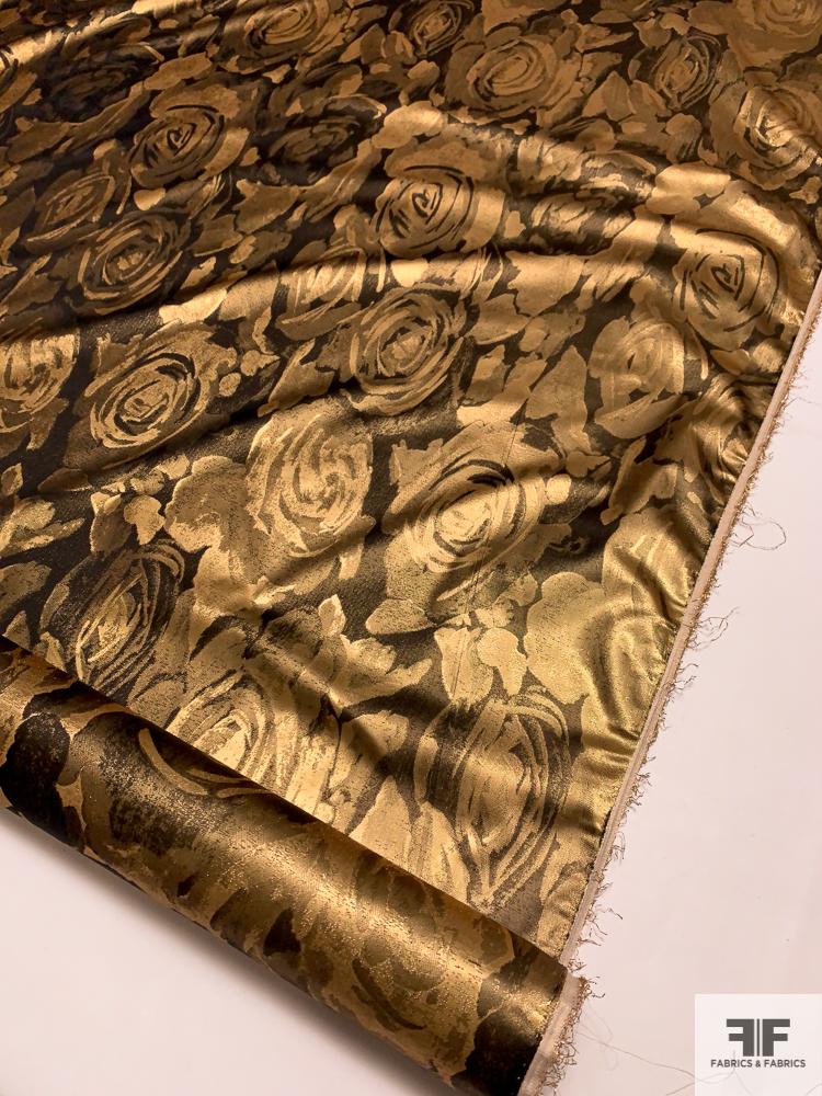 Italian Floral Polyester Lurex Taffeta - Bronze-Gold / Black