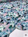 Floral Printed Silk Crepe de Chine - Blue / Teal / White / Lightest Lavender