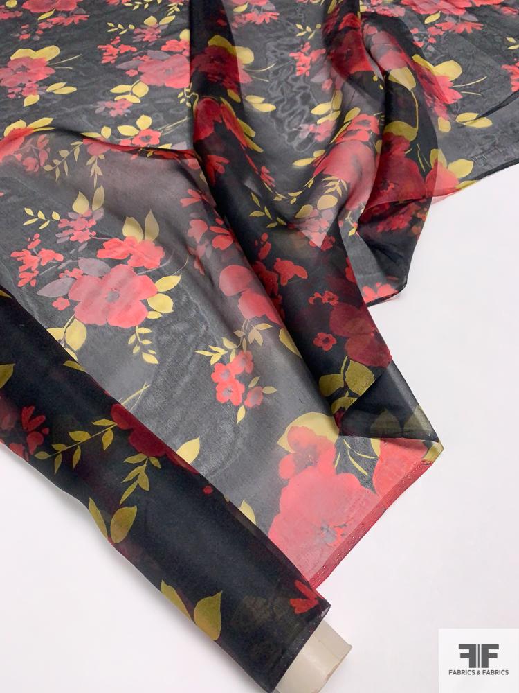Romantic Floral Printed Silk Organza - Red / Yellow / Black / Mauve