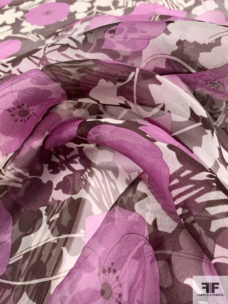 Animated Floral Printed Silk Organza - Berry Pink / Plum Purple